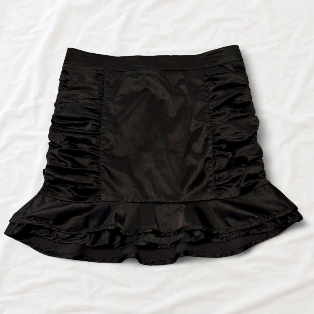 Arden B Black Satin Ruched Mini Skirt Y2K Tiered Ruffle Hem Size 6